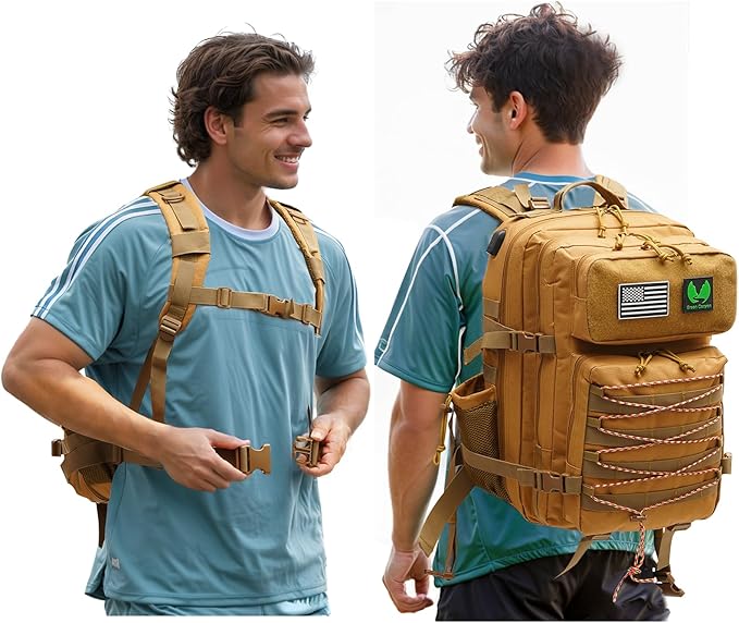 Green Canyon 45L Tactical Assault Backpack with Molle and Charging Port, Water Resistant Military Backpack for Men Women Hiking Rucksack 3 Day Bug Out Bag, Khaki