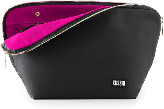 KUSSHI Washable Travel Makeup & Cosmetic Bag - Brush Organizer Sold Separately (Vacationer, Satin Black/Pink)