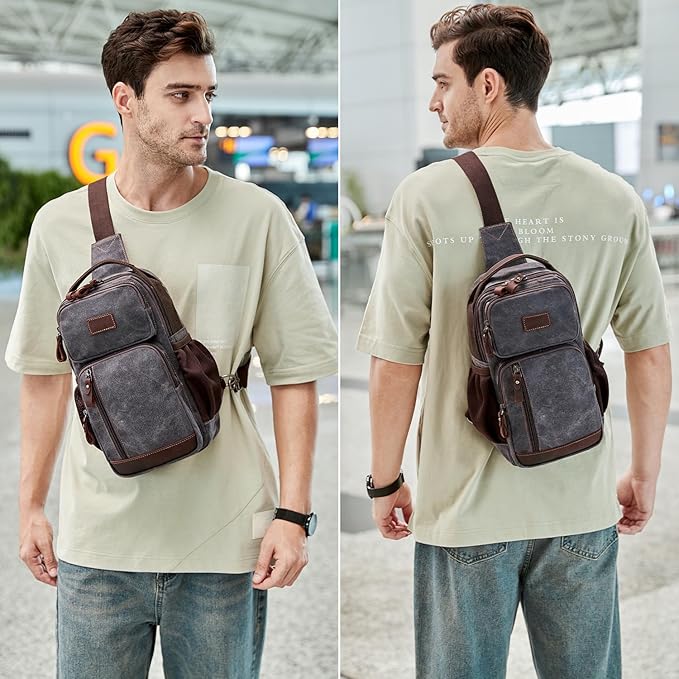 BOVIP Sling Bag for Men - Crossbody Chest Shoulder Bag Waterproof Waxed Canvas Sling Backpack Casual Daypack
