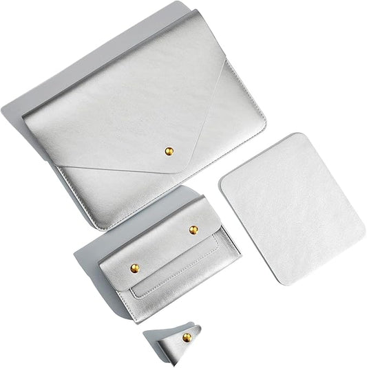 PU Leather Laptop Sleeve Compatible with New 14 inch MacBook Pro A2992 A2918,Old MacBook Pro Air 13, Surface Laptop 7th Gen 13.5, Thinkpad X1 Carbon 14 Set of 4PCS Color Silver