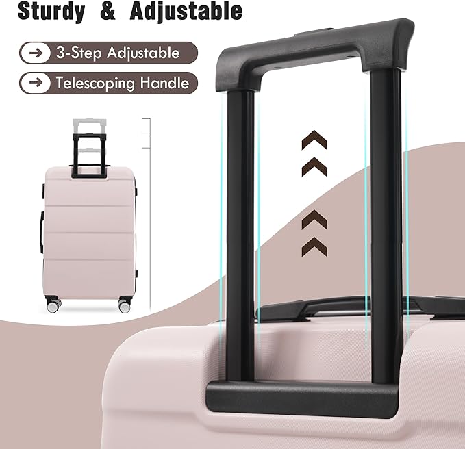 Merax Luggage Sets of 3 Piece Carry on Suitcase Airline Approved,Hardcase Suitcase Set with Double Spinner Wheels,Light Pink