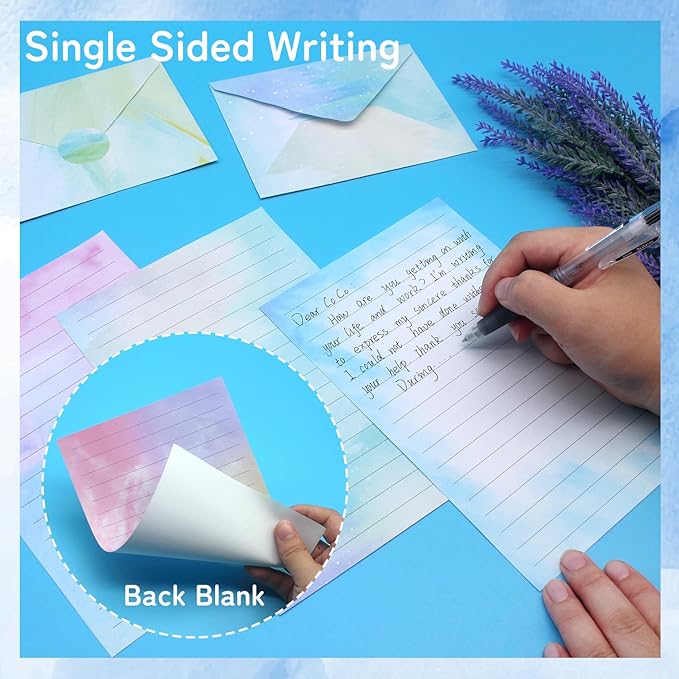 160 Pcs Stationery Paper Set Including 50 Matching Envelopes 50 One Side Stationery Writing Papers 60 Round Dot Sticker for School Office Supplies,10 Designs, 5.5 x 8.25 Inch(Watercolor)