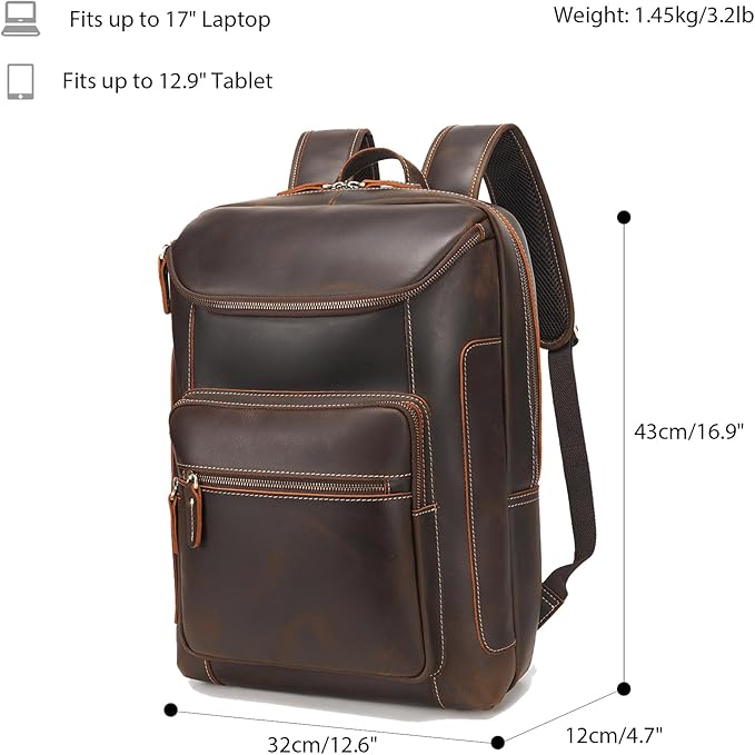 LANNSYNE Full Grain Leather Backpack For Men, 17" Laptop Backpack, Casual Outdoor Business Travel Rucksack, YKK Zippers