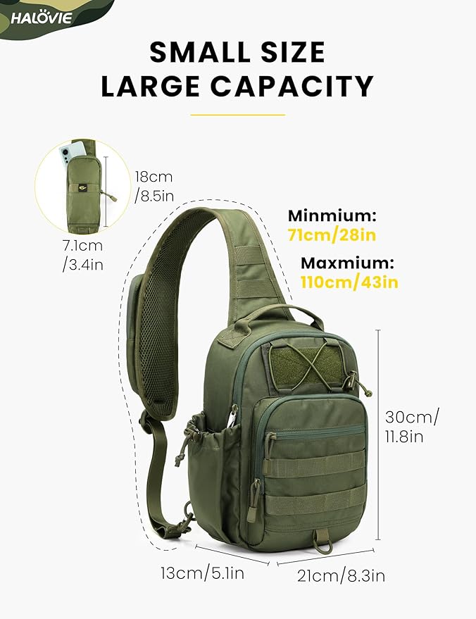 HALOVIE Anti-theft Tactical Sling Bag RFID ArmyGreen Military Shoulder Bag with Phone Pack EDC Molle Crossbody Bag for men
