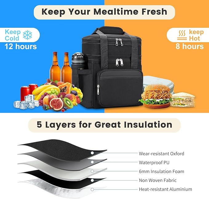 Insulated Lunch Bag & Lunch Box for Men - Double Deck Reusable Lunch Bag for Women Tote Cooler Bag Leakproof Soft Expandable - Large Lunchbox for Work/Adult/Picnic/Outdoor (Black，15L)