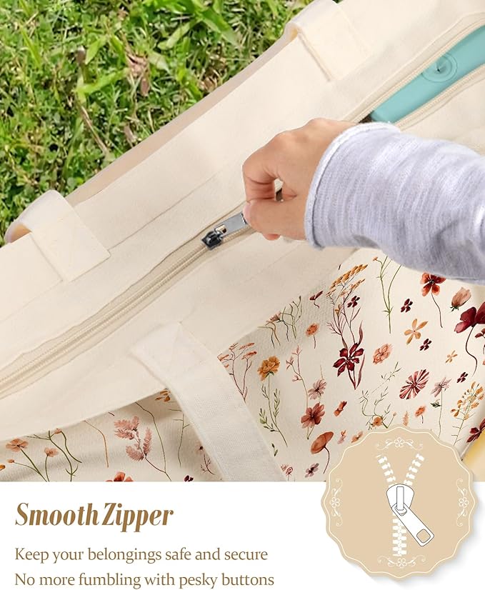 Large Tote Bag for Women - Canvas Tote Bag with Zipper Aesthetic Reusable Shoulder Bag for Gym, Travel, Work