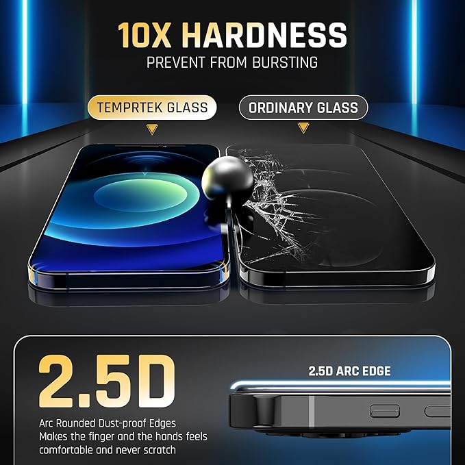 TEMPRTEK+ for iPhone 12/12 Pro Glass Screen Protector 2 Pack (9H+ Military Grade 3X Protection) Shatterproof Tempered Glass - Anti Scratch/Fingerprint [Full Coverage] Case Friendly