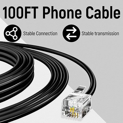 Uvital Telephone Extension Line Cord Cable Wire, 100 FT Black Long Phone Extension Line, RJ11 6P4C Phone Cord for Landline/Fax Machine/Home/Office
