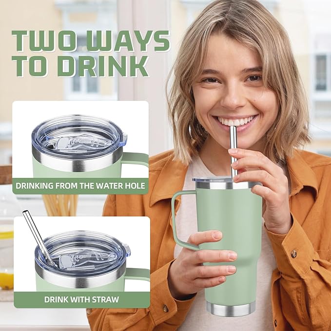 20 oz Tumbler with Handle Stainless Steel Insulated Coffee Tumbler with Lid and Straw Double Wall Vacuum Insulated Coffee Mug Leak Proof Travel Mug Tumbler for Hot and Cold Drink (Green Tea,8pack)
