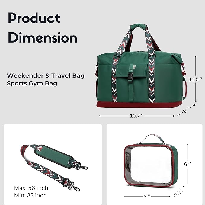 SUNNY BIRD Duffel with Utility Pouch, 40L Weekender Overnight Bag with Shoe Compartment for Travel and Sports (Greenboho)