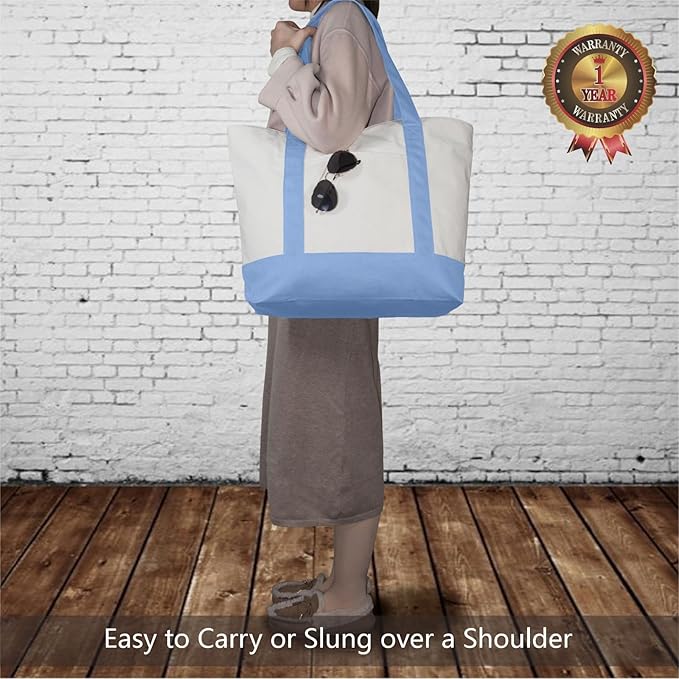 TOPDesign 3-Pack Canvas Tote Bags with an External Pocket, Reusable Grocery Shopping Bags, Top Zipper Closure, Daily Essentials (Light Blue/Natural)