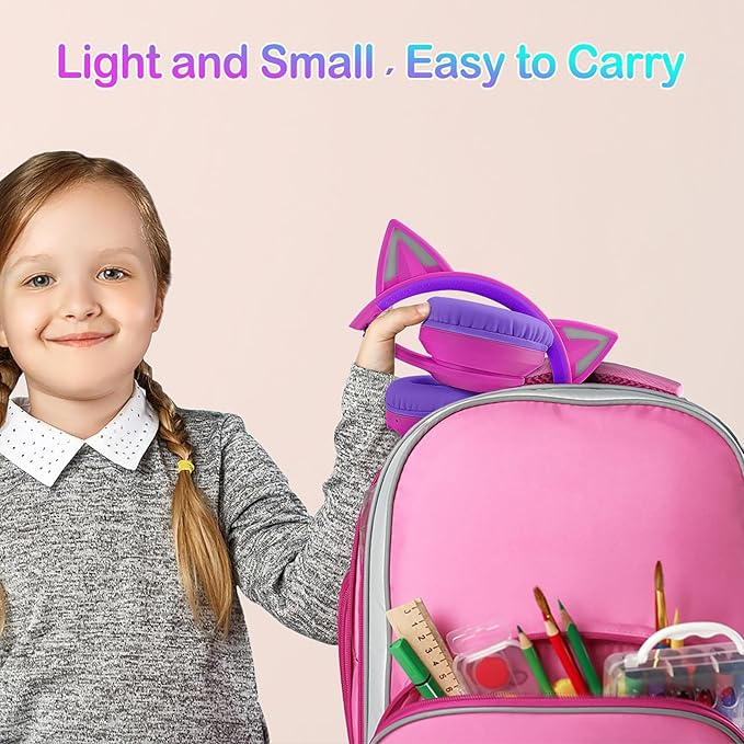 LOBKIN Bluetooth 5.4 Kids Headphones with Case - RGB LED Light Up Cat Ears Foldable Adjustable Over Ear Headphone Support Wireless or 3.5mm Wired Mode for Toddler & Girls & Boys Teens