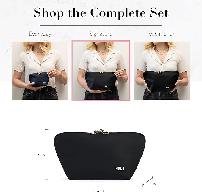 KUSSHI Washable Travel Makeup & Cosmetic Bag - Brush Organizer Sold Separately (Signature, Satin Black/Pink)