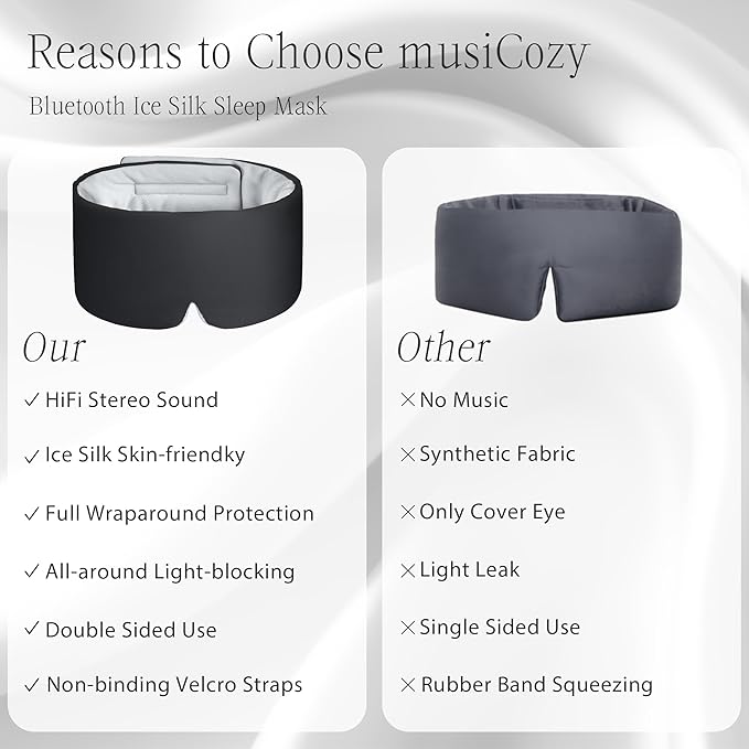 MUSICOZY Ice Silk Sleep Headphones with Bluetooth Mask, Eye Mask for Sleeping in Total Darkness, 5.4 Bluetooth Sleep Mask Sleep Headphones, Soft, Gifts for Men Women (Black)