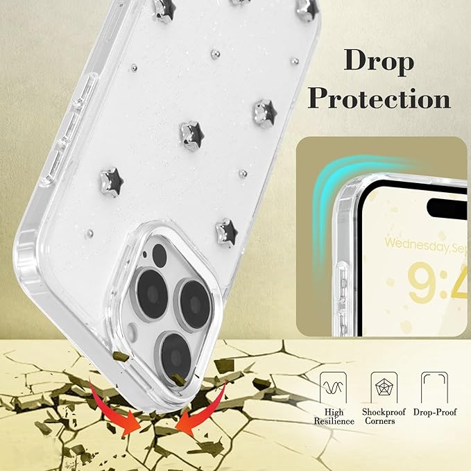 EYZUTAK Case for iPhone 17 Pro, Bling Glitter 3D Stars Phone Case Cute Sparkly Crystal Clear Star Aesthetic Design Cover Slim Soft Durable TPU Transparent Protective Cover for Women Girls - Star