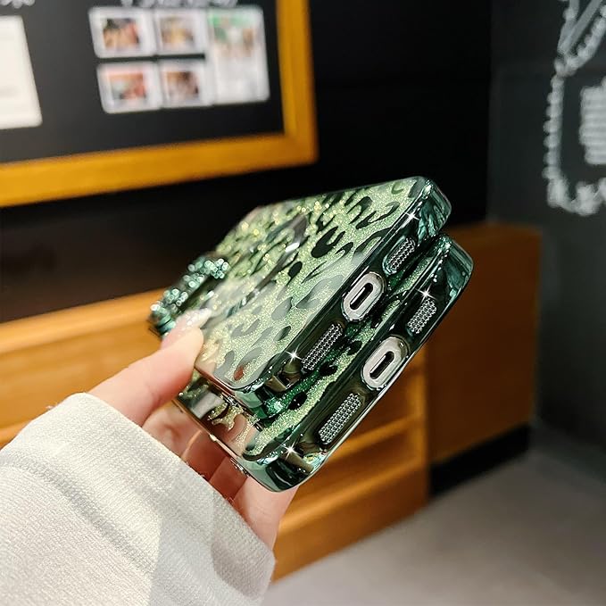 for iPhone 15 Pro Max Case Magnetic,Soft Cute Luxury Leopard Cheetah Pattern Plating Glitter Bling Phone Case Compatible with MagSafe Clear Shockproof Back Cover for Women Girl 6.7"-Green