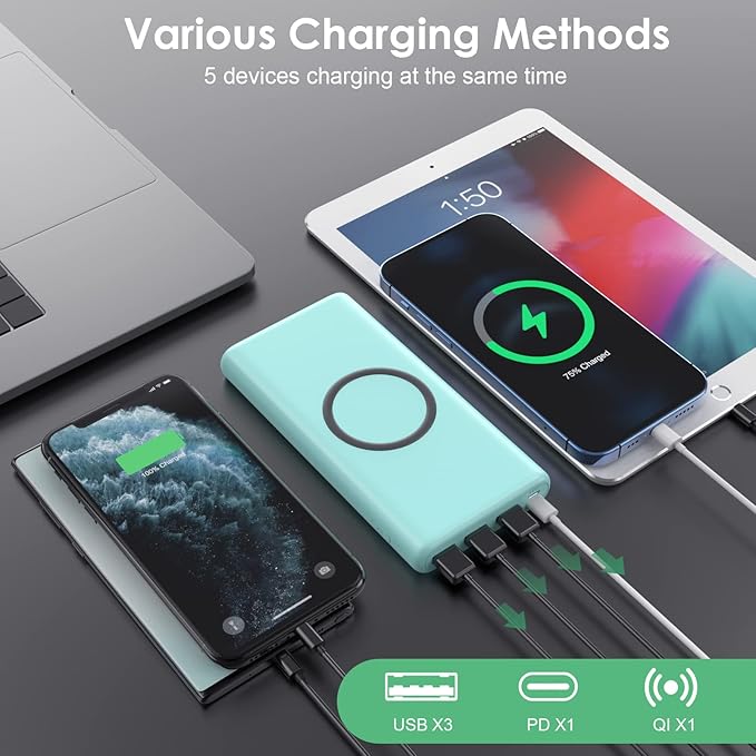 Wireless Portable Charger Power Bank,33800mAh 15W Fast Wireless Charging 25W PD QC 4.0 USB-C Power Bank,5 Output & Dual Input External Battery Pack Compatible with iPhone 16/15/14/13,Android etc-Green