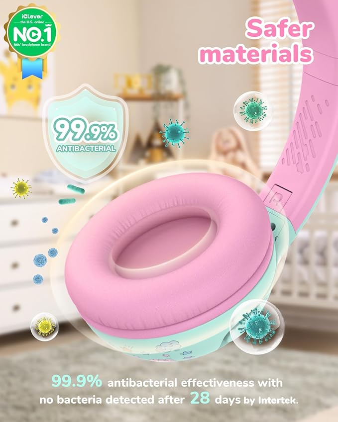 iClever BTH27 Toddler Headphones for 2+ Year Old-CPC Certified, 75/80dBA Safe Volume Limited, 74H Playtime, Bluetooth 5.4, BPA Free, Kids Bluetooth Headphones Aux Cord for Travel iPad, Green/Pink