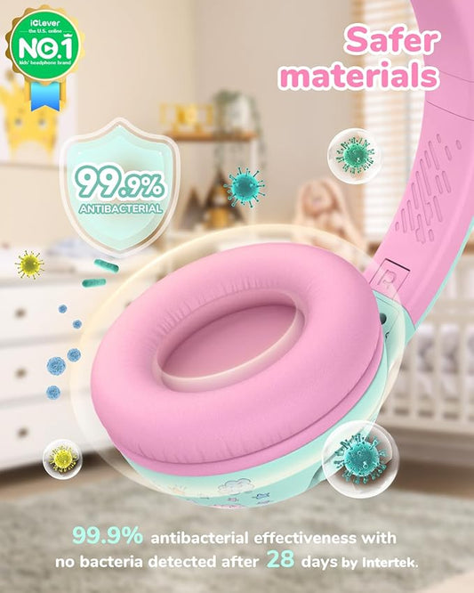 iClever BTH27 Toddler Headphones for 2+ Year Old-CPC Certified, 75/80dBA Safe Volume Limited, 74H Playtime, Bluetooth 5.4, BPA Free, Kids Bluetooth Headphones Aux Cord for Travel iPad, Green/Pink
