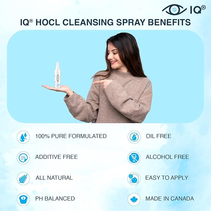 IQ HOCL PURE Eyelid Cleansing Spray – 0.02% Hypochlorous Acid – Gentle Hydrating Formula for Daily Eyelid Hygiene – Doctor Recommended, Alcohol-Free, Additive-Free – Made in Canada