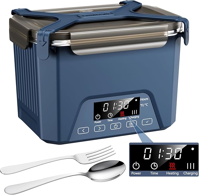 Cordless Electric Lunch Box, 1.2L Self Heating Lunch Box Battery Powered with Automatic Heating, BPA Free, Meal Prep Friendly (Blue)