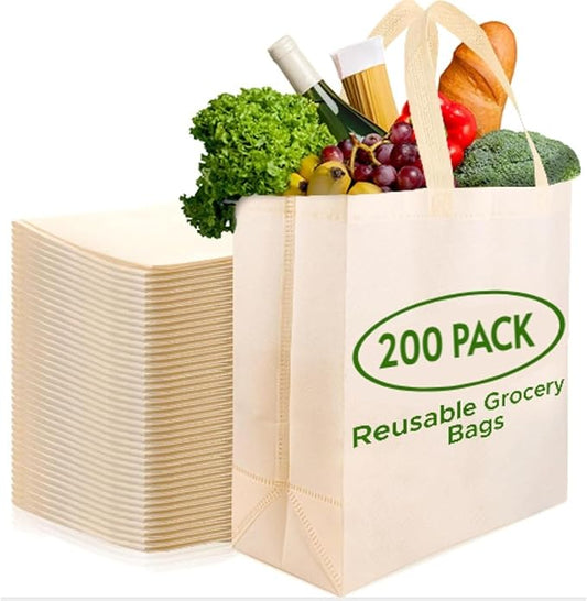 Simply Cool 200 Pack Reusable Eco-Friendly Large Grocery Shopping Bags 14.5"x14"x6.6" Durable Recyclable Washable Foldable Portable Tote Bags Bulk