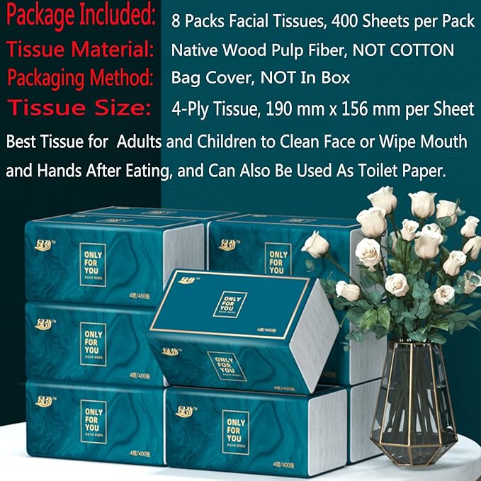 8 Packs Disposable Facial Tissue, Toilet Paper, Native Wood Pulp Fiber Material, Soft Facial Napkin, White Facial Paper Tissue, 4-Ply, 400 Sheets per Pack