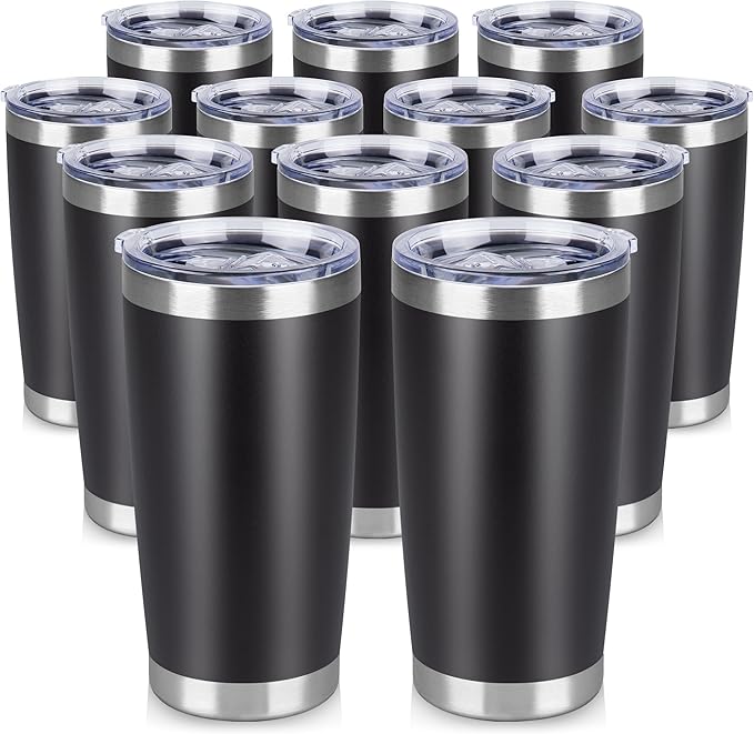 20 oz Tumbler Stainless Steel Tumblers Bulk with Lid Double Wall Insulated Coffee Tumbler Cups for Hot & Cold Drinks Powder Coated Travel Coffee Tumbler Mug Metal (Black, 12 pack)