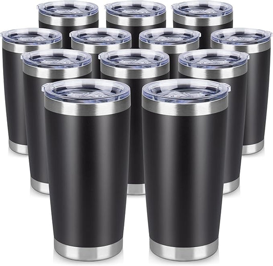 20 oz Tumbler Stainless Steel Tumblers Bulk with Lid Double Wall Insulated Coffee Tumbler Cups for Hot & Cold Drinks Powder Coated Travel Coffee Tumbler Mug Metal (Black, 12 pack)
