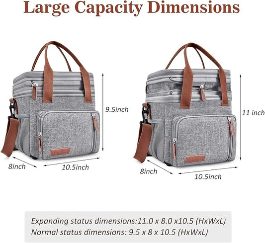 LOKASS Lunch Box for Women, 16L, Double Deck Expandable Insulated Lunch box For Adults/Women Thermal Large Waterproof Leakproof Cooler Bag with Shoulder Strap - Grey