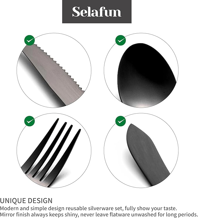 Travel Cutlery Set with Case Portable Silverware Utensils Set,5-pieces Stainless Steel Reusable Flatware Set Cutlery Set for Camping Picnic Hiking Office, Dishwasher Safe (matte black, 5.8)