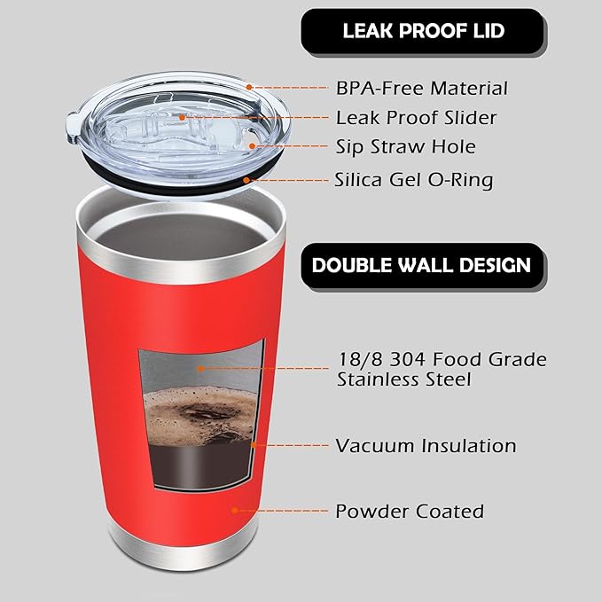 20oz Tumbler Bulk Stainless Steel Tumblers with Lid Vacuum Insulated Double Wall Travel Coffee Mug Powder Coated Tumbler Cup for Hot and Cold Drinks(Red, 6 pack)