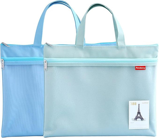 Pendancy Mesh Zipper Pouch 11x13.7 in, 2 pcs Large Double Pocket Waterproof File Bag with Handle, A4 Size Foldable Document Storage for Puzzle Project/Cross Stitch/Travel/Office（Blue Green）