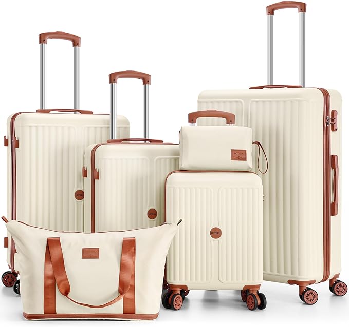 Hoteel Luggage 6-piece Set, 360° Universal Suitcases with Wheels Hard Shell Suitcase with TSA Lock, Including Waterproof Luggage Bag, Travel Maletas for Men and Women,Beige(16/20/24/28Inch)