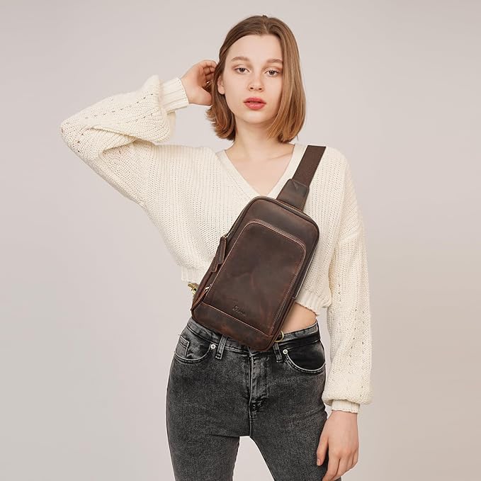 S-ZONE Sling Bag for Men Women RFID Blocking Top Grain Leather Crossbody Shoulder Bag Chest Hiking Daypack Travel