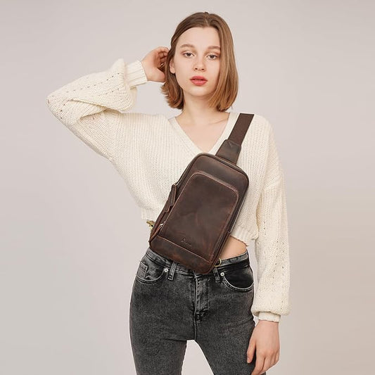 S-ZONE Sling Bag for Men Women RFID Blocking Top Grain Leather Crossbody Shoulder Bag Chest Hiking Daypack Travel