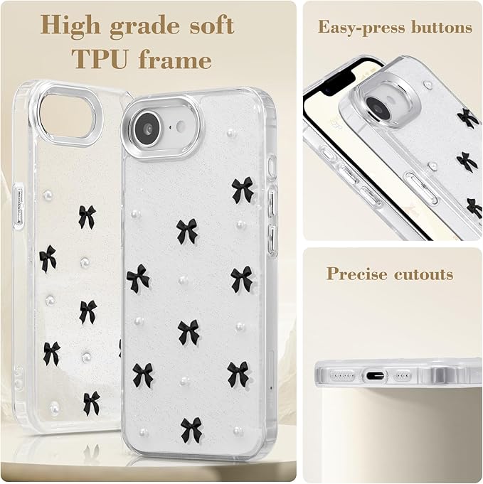 EYZUTAK Case for iPhone 16e, Bling Glitter 3D Bowknot Phone Case Cute Sparkly Crystal Clear Bow Aesthetic Design Cover Slim Soft Durable TPU Transparent Protective Cover for Women Girl - Black Bow