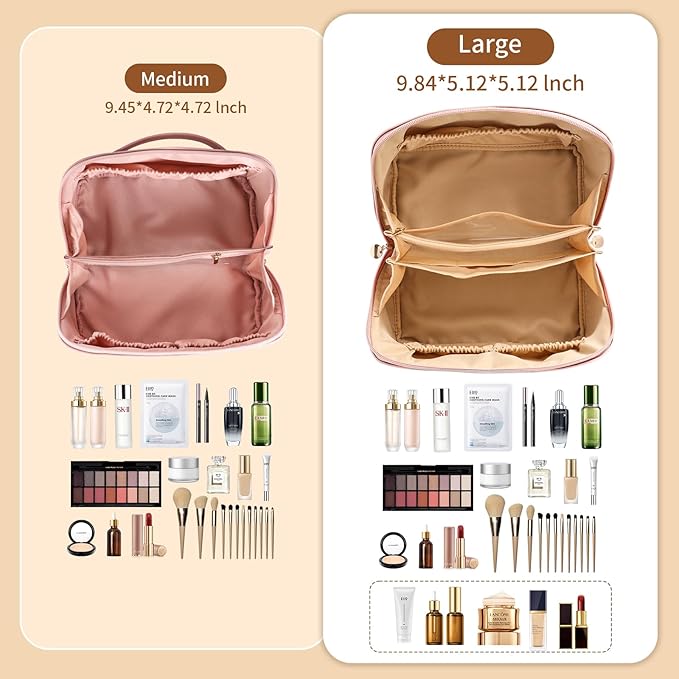 Travel Makeup Bag, Large Capacity Cosmetic Organizer Bags for Women, Waterproof PU Leather Toiletry Bags, Wide Open Flat Makeup Case with Divider and Handle