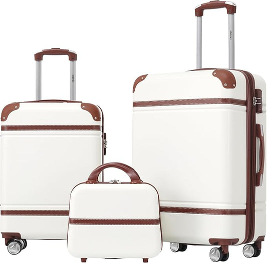 Merax Luggage Set 2 Piece Suitcase Set with Cosmetic Case Expandable Spinner Wheels Vintage Luggage Sets (White,20"+24")