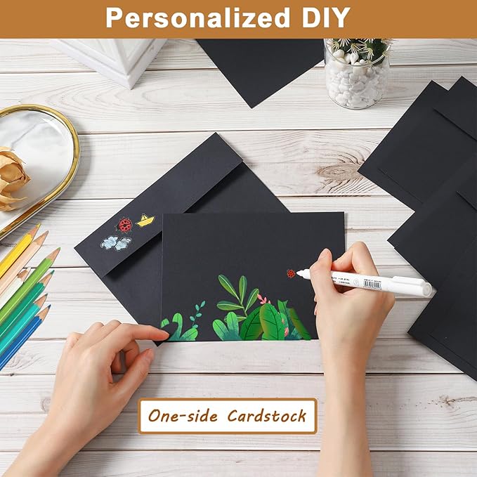 Black Single Panel Blank Note Cards and Envelopes 5 x 7 Heavyweight Flat Cardstock and A7 Envelopes Printable Self Seal 20 Packs for Birthday, Wedding Thank You Cards, Baby Shower