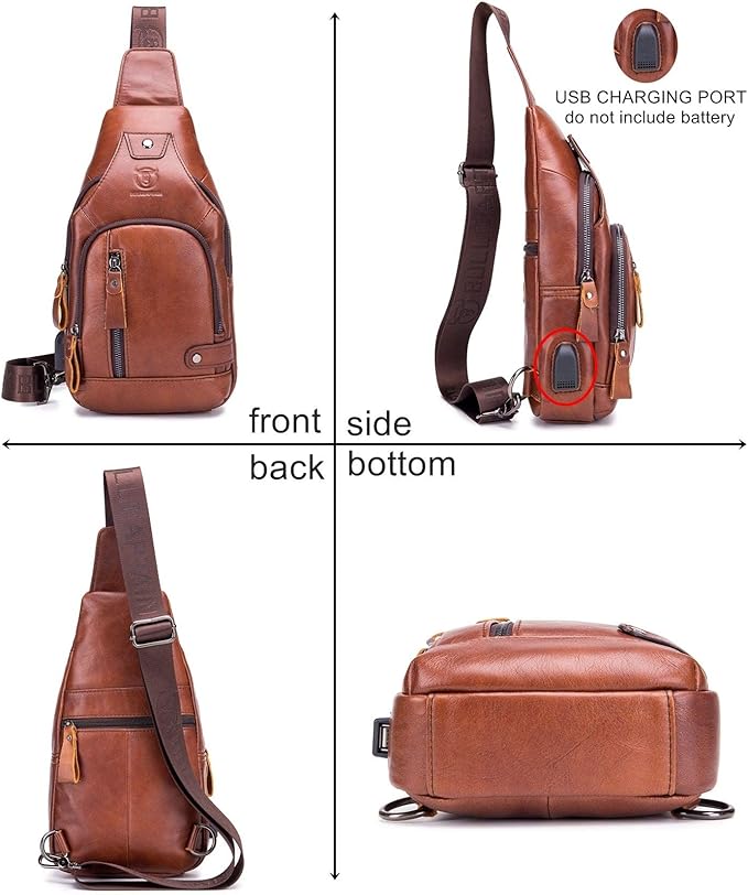 BULLCAPTAIN Leather Men Sling Bags Travel Crossbody Chest Bag Hiking Daypack with USB Charging Port Multi-Pocket