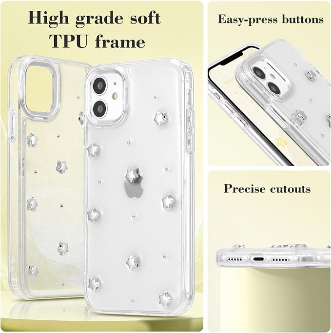 EYZUTAK Case for iPhone 12/iPhone 12 Pro, Bling Glitter 3D Stars Phone Case Cute Sparkly Crystal Clear Star Aesthetic Design Case Slim Soft Durable TPU Transparent Protective Cover for Women Girl-Star