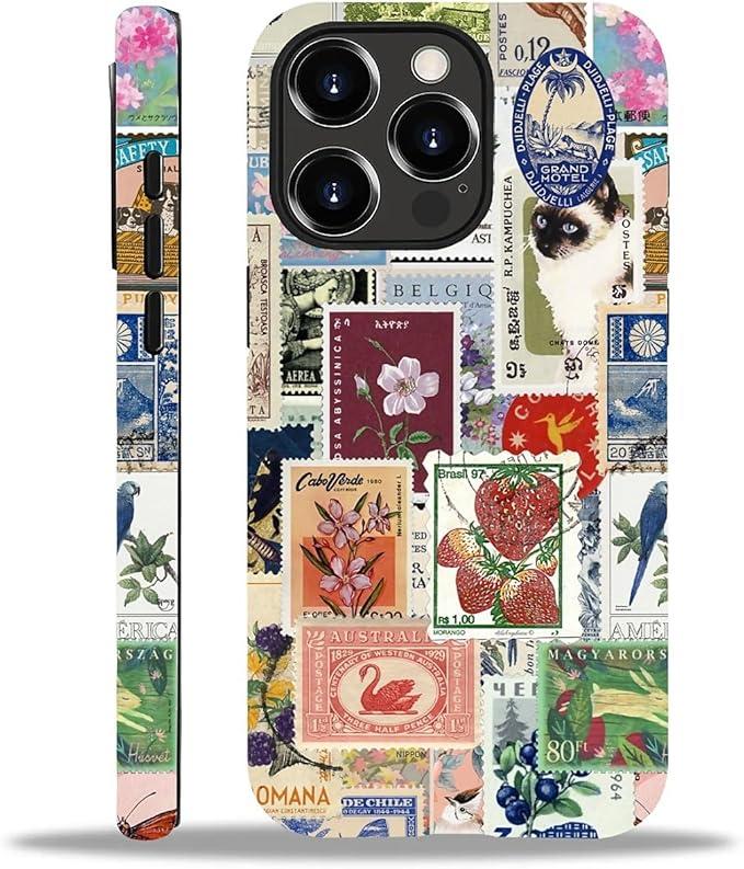 Case for iPhone 15 Pro,Vintage Stamp Collage for Woman Men Full Body Protective Cover Shockproof 2 in 1 Silicone + Hard PC Case for iPhone 15 Pro
