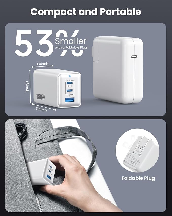 150W USB C Charger Block,GaN III Compact Foldable Wall Charger 3 Port Fast Charging Station,PD QC PPS Portable USB C Hub 100W Laptop Adapter for MacBook Pro/Air,iPad,iPhone 16/Pro,Galaxy S24,Dell etc