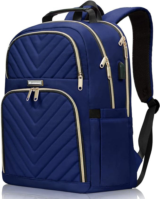 Navy Blue 15.6 Inch Laptop Backpack for Women, Stylish Water-Resistant Backpack with USB Charging Port, Anti-Theft Pockets, and Padded Laptop Compartment