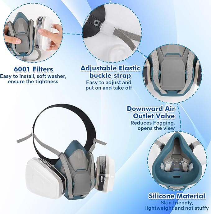 Reusable Respirator Mask with Filters 6001, Half Face Gas Mask For Chemical Spraying Painting Welding Construction
