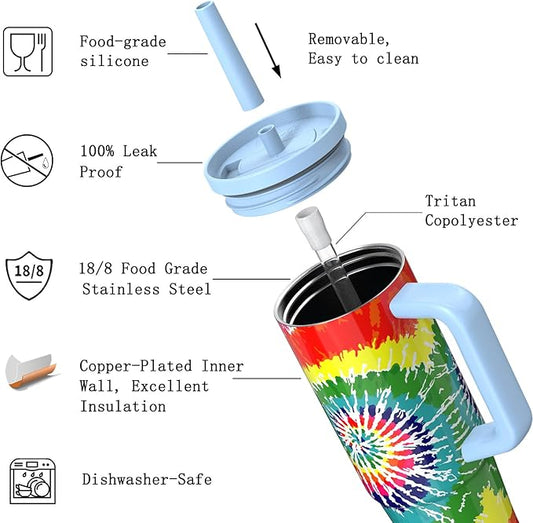 TILUCK 30 oz Tumbler with Handle, Vacuum Insulated Stainless Steel Travel Mug with 100% Leak-Proof Silicone Straw Lid, Cupholder Friendly Water Bottle(RotatingRainbow, 30oz)