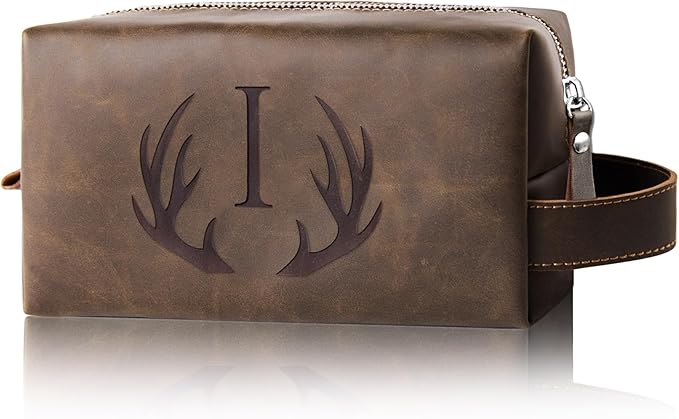 Personalized Travel Toiletry Bag for Men Initial Letter PU Leather Waterproof Shaving Bag for Toiletries Accessories Travel Essentials Storage Bags Fathers Day Birthday Gifts for Men (I)