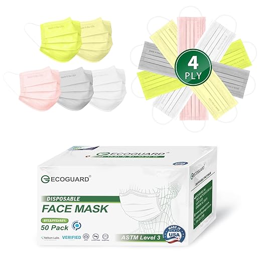 Disposable Face Masks Made in USA, 4 Ply for Families, Students, Breathable All-Day Wear & Safety, FSA HSA Eligible, ASTM Level 3 Medical Grade, 50 Pack, Sunny Mist