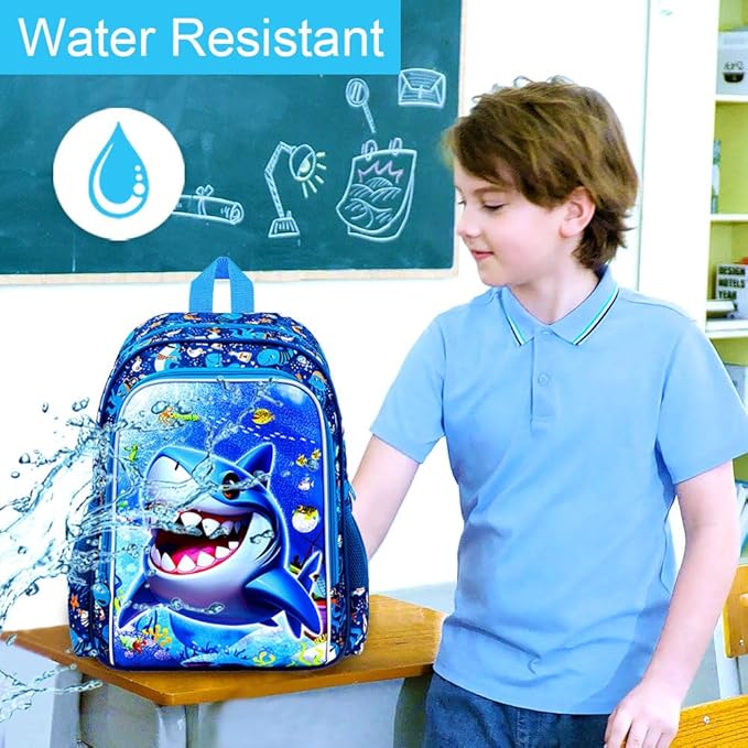 16" Shark Backpack for Boys, 3Pcs Kids Bookbag with Lunch Box, School Backpacks for Elementary Preschool Kindergarten (Blue)